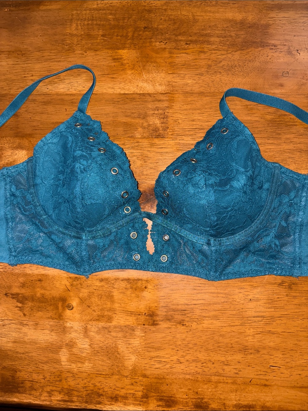 Adore Me Teal Lace Underwire Bra with Eyelet Accents